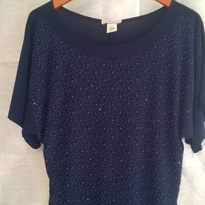 Navy Blue Beaded/Sequined Short Sleeve Top